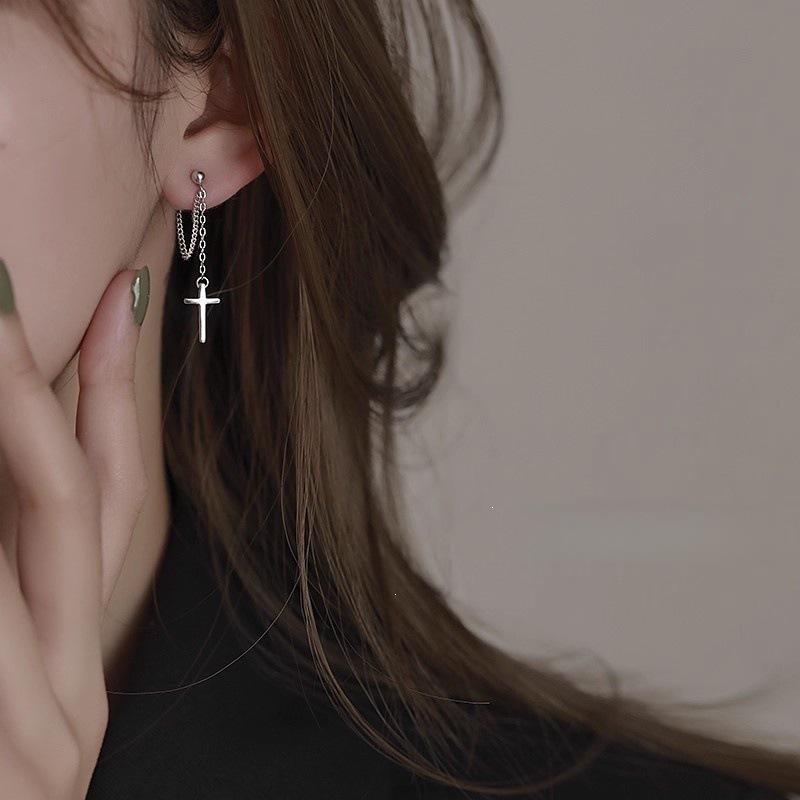 Niche Design 925 Sterling Silver Cross Tassel Stud Earrings - Trendy High-End Cool Style for Women