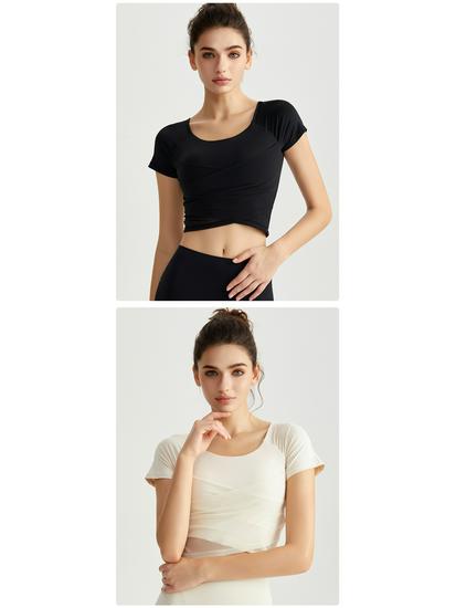 Chinese Style Women's Summer Yoga Top – Short Sleeve, Fixed Cups, Cross Mesh, Pleated, Slim Fit Sports Wear