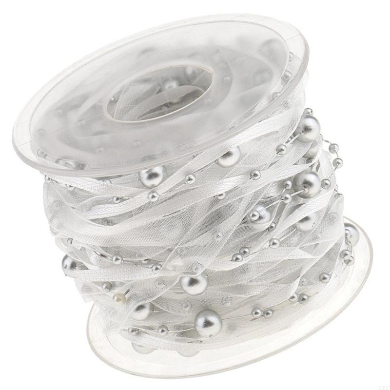 Multipurpose 10m Length White Organza Ribbon with Pearls Detail Accessory for Festival and Artistics Creation 10mm X3UC
