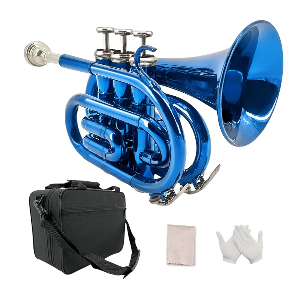 

YoungMonic Pocket Trumpet Brass Bb Standard for Beginners and Students with 7C Mouthpiece, Hard Carry Case, Cleaning Cloth, and Gloves