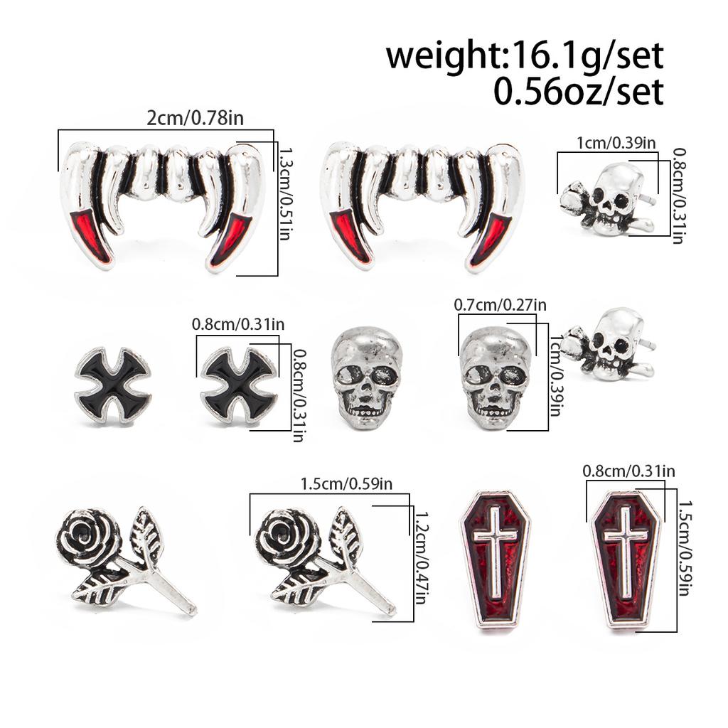 Creative Halloween Cartoon Oil Drip Ghost Pumpkin Stud Earrings Set Dark Wind Cross Skull Head Earrings