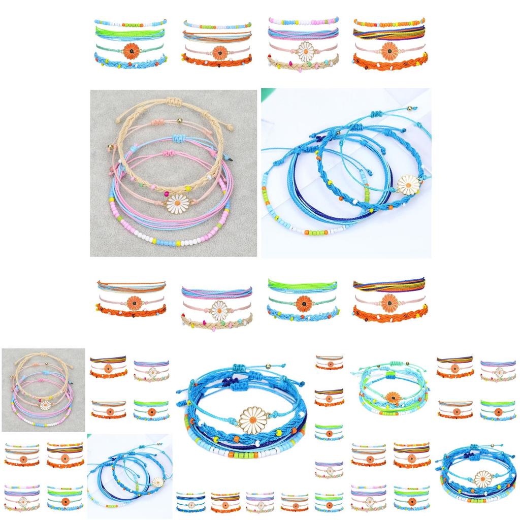New Bohemian Style Waterproof Wax Thread Handwoven Bracelet Set With Alloy Daisy Beads