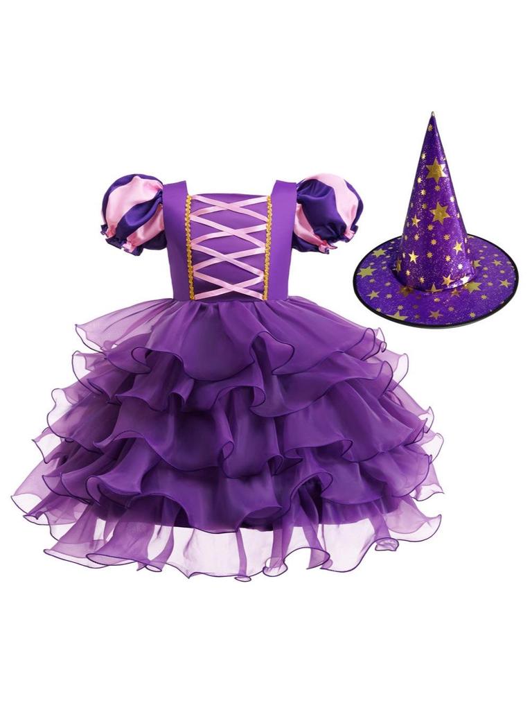 New Girls' Halloween Puff Sleeve Mesh Dress Costume