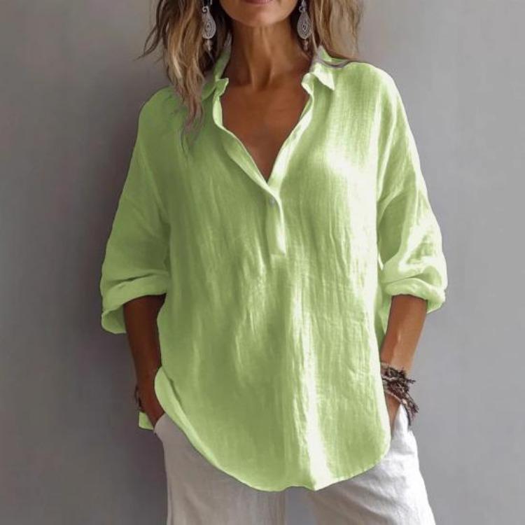 Lightweight Breathable Casual Blouse Loose Fit Women Shirt Lapel V Neck 3 4 Sleeve Pullover Tops Solid Color Daily Wear