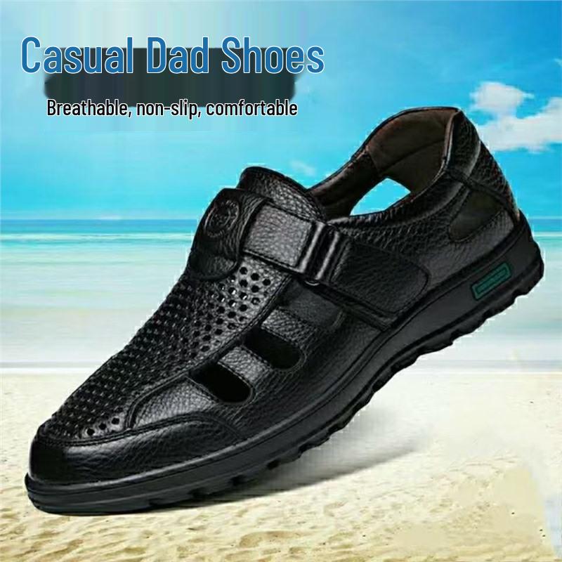 SHEIN TEMU Men s Soft Leather Hollow Out Summer Business Sandals 43