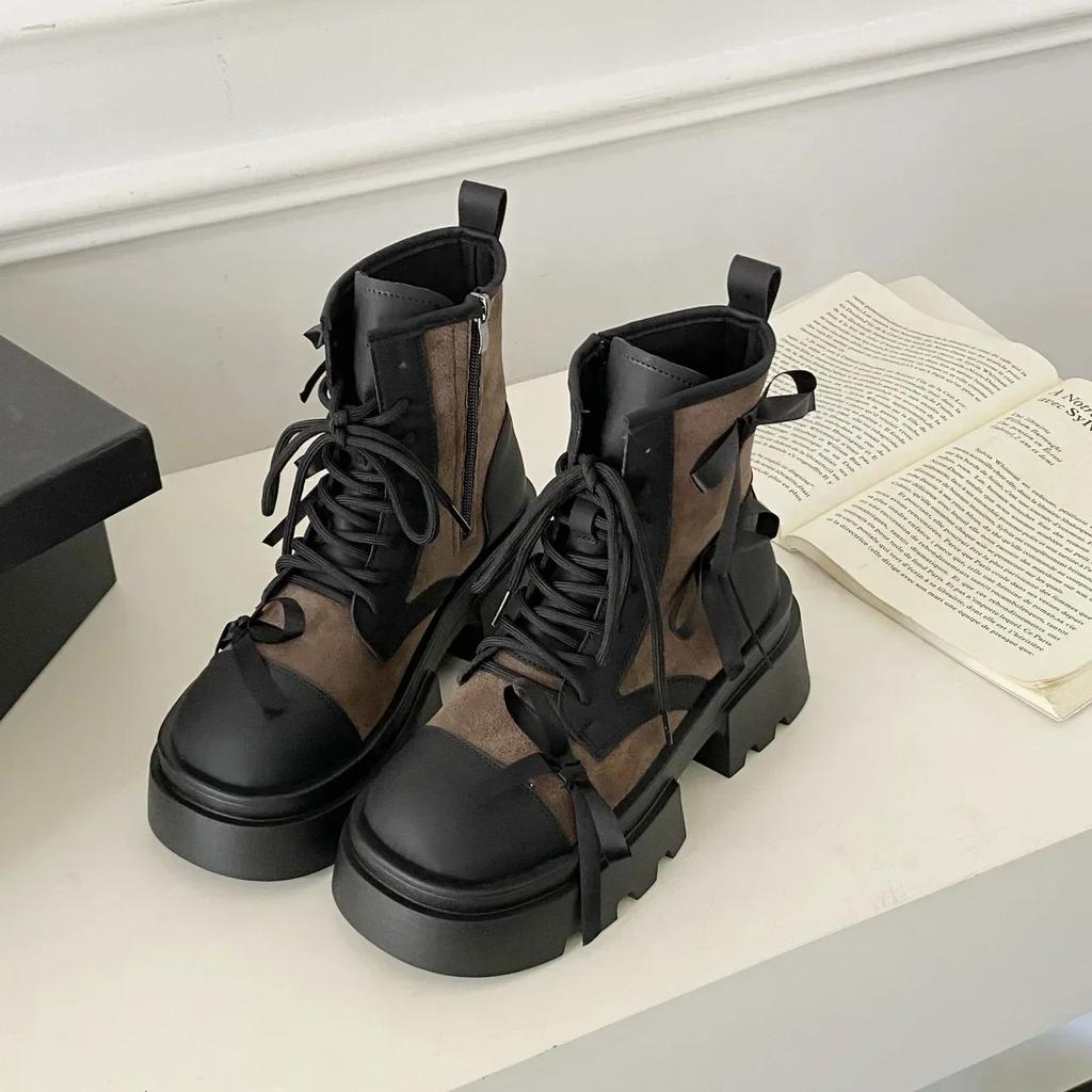 Fashion Women's Boots Thick Soles  Cowboy Boots British Style Retro Breathable Platform Lace-up Bow Zipper Motorcycle Boots Shoe