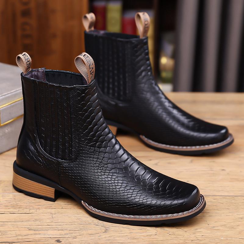 New European and American retro men's large-size crocodile pattern Chelsea short boots