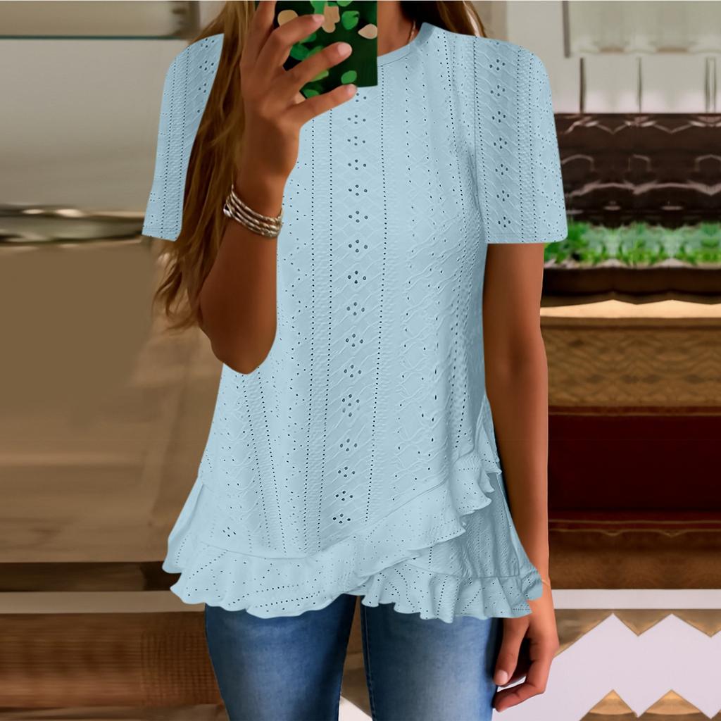 Femei vară top evazabil mânecă scurtă O-gât cămașă lejeră croială primăvară modă casual haine