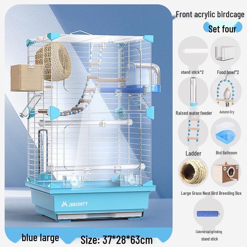 Großer Acryl-Vogelkäfig für Papageien, Nymphensittiche & Wellensittiche - Transparente Vorderseite mit Metallrahmen