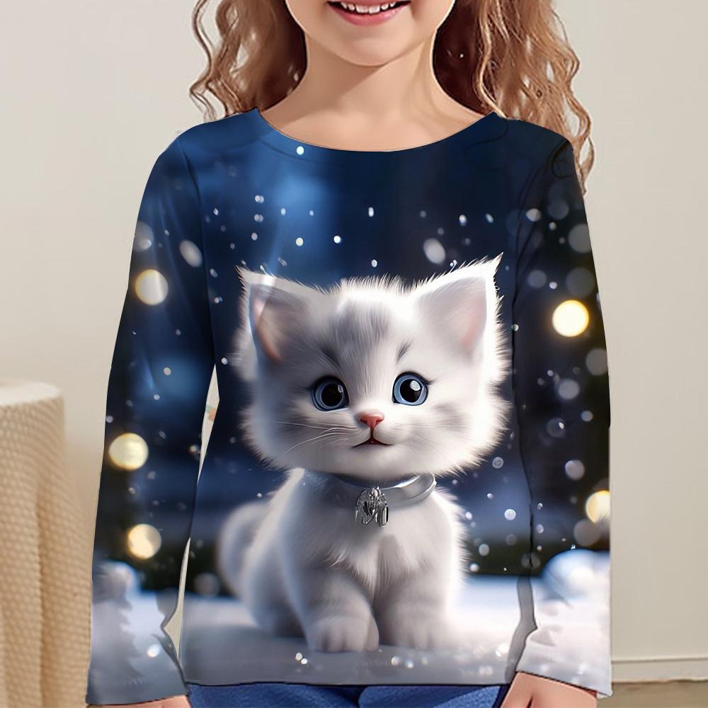 Children's Cute Cat 3D Digital Printed Girl Fashion Trend Round Neck Long Sleeved T-shirt