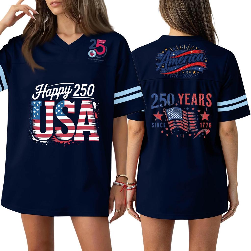 Damska Codzienna Modna Koszulka Sportowa z Dekoltem V z Nadrukiem na Dzień Niepodległości Krótkim Rękawem Top