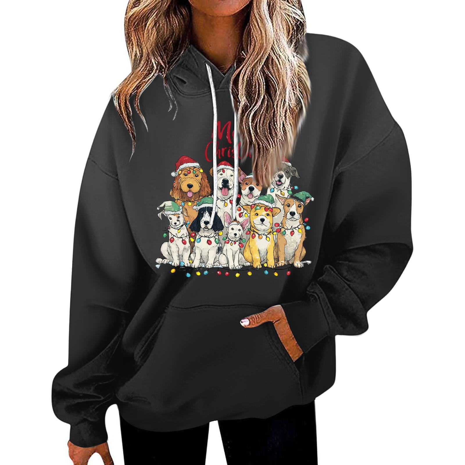 Women s Casual Fashion Christmas Printed Letters Casual Hooded Sweatshirt With Pockets L 2179₽