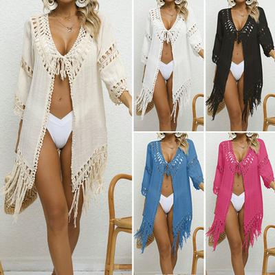 Crochet Beach Cover Up Women Sexy V-neck Lace-up 45355 Sleeve Hollow Out