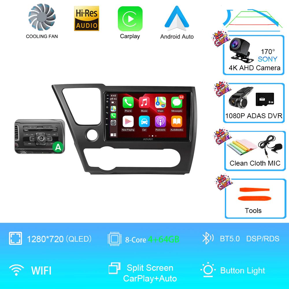 9" QLED 12G 256G Car Radio Android 14 For Honda Civic 9 2013 - 2016 Stereo Wireless Carplay Auto Navigation GPS Multimedia Playe