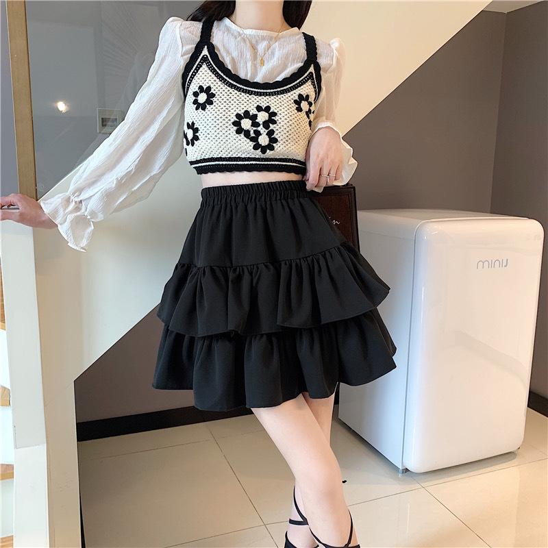 Modischer schwarzer Midi-Rock 2025: Rüschen-Schlankheitsdesign, Hohe Taille, Große Größen, Frühjahrs- und Herbst-Puff-Stil für Damen