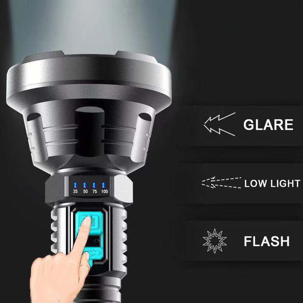 Torcia LED Ricaricabile Super Luminosa - 7 Modalità: Alta/Bassa/Stroboscopica + 4 Luci Laterali - Display Carica - Impermeabile