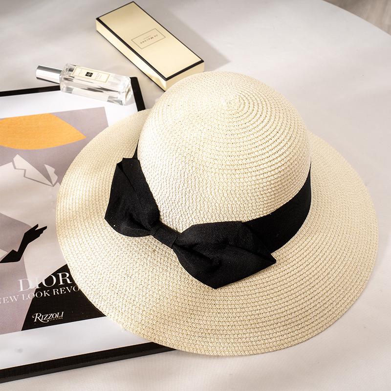 Large Eave Straw Hat for Woman Black Bow Tie EdgeSunscreen able Beach Hat Outdoor Seaside  Vacation Fashionable and Elegent