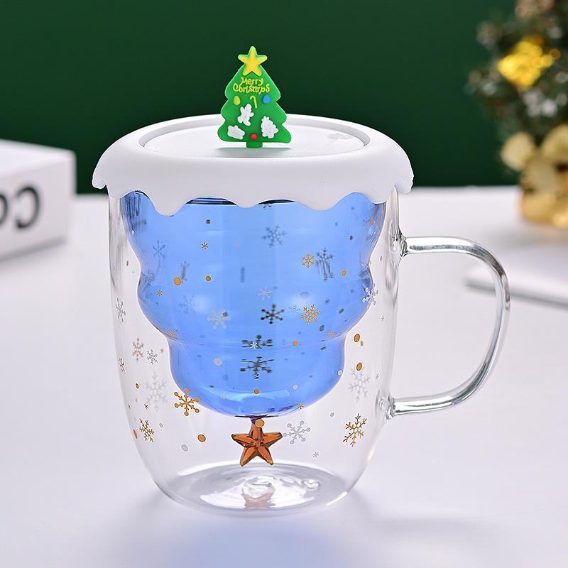 Double Layer Insulated Christmas Cup with Lid Coffee Cup High Borosilicate Glass Cup Wholesale with Handle Glass Decorative Cup
