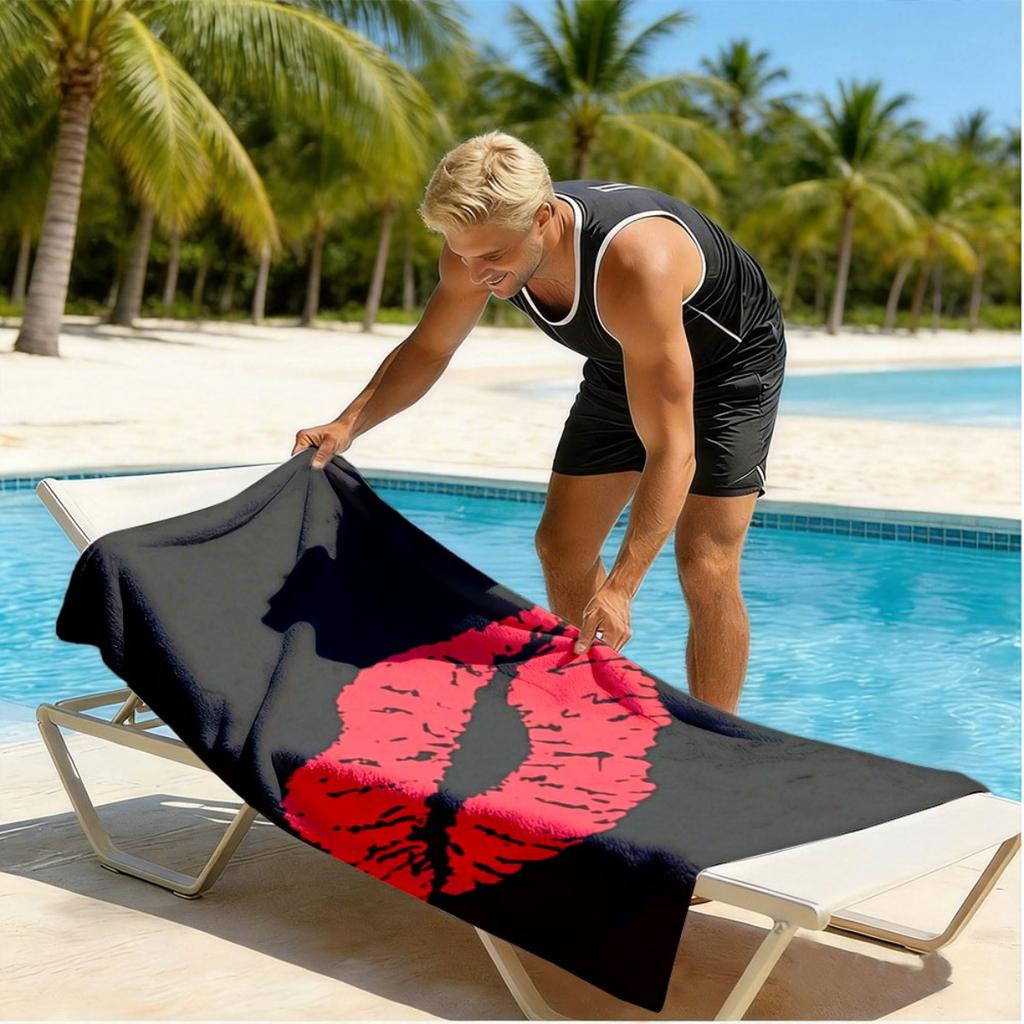 Rote Lippen auf schwarzem Hintergrund Thema Polyester Mikrofaser Strandtuch ist hoch saugfähig, geeignet für Schwimmen und Strandausflüge