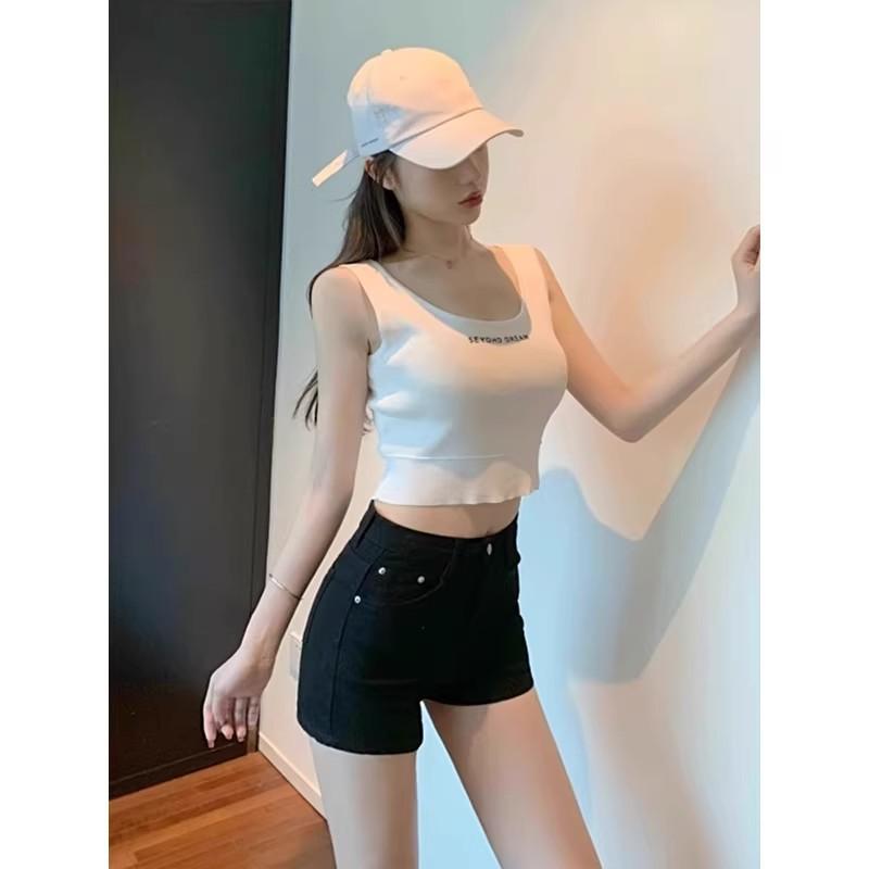 Women's High Waist Denim Shorts Solid Color Stretchy Slim Fit Casual Hot Pants