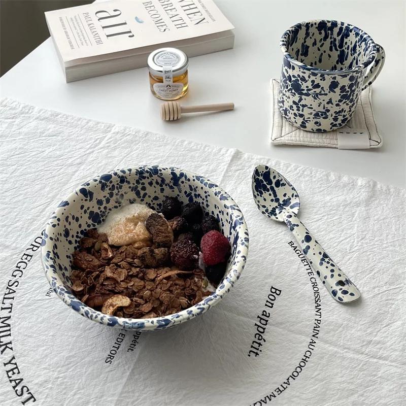 Piatto Rotondo Blu Navy Stoviglie Smalto Yogurt Avena Piatti per Colazione Tazze da Caffè Piatti per Insalata di Frutta Stoviglie Domestiche