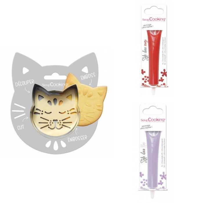 Kit pour biscuit en relief Chat + 2 Stylos au chocolat rouge et lilas