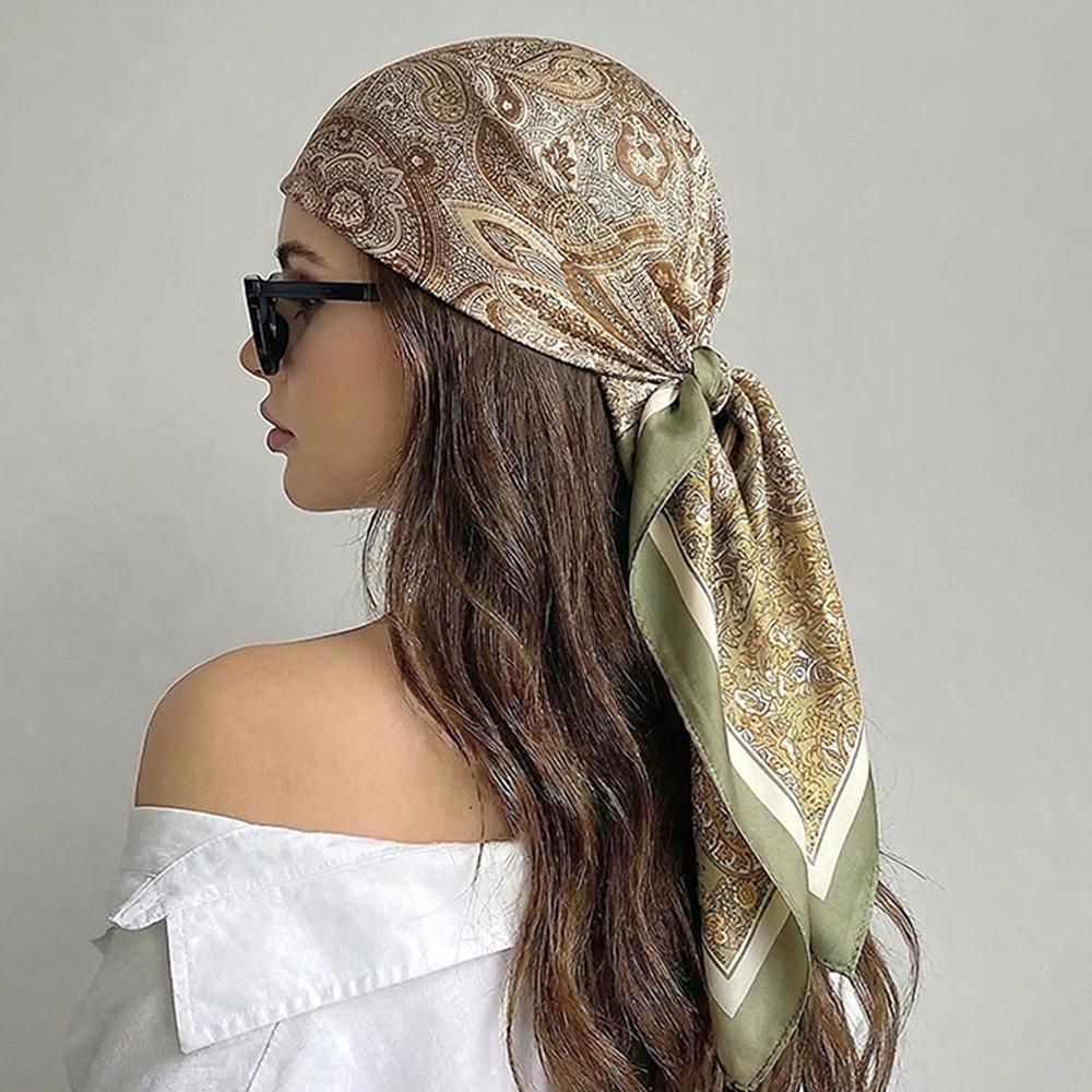 1 STuks Luxe Ontwerp 70cm Satijnen Vierk Print Sjaal Dames Sjaals Bandana Hijab Nekdoek Sjaal Zakdoek Haarband Foulard Dame 70x70CM groen