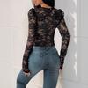 Spring and Autumn New Sexy Elegant Style Tight Lace Stitching V-neck Black
