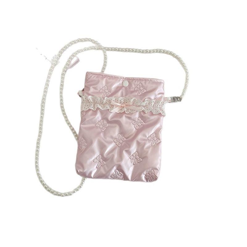 Pu Bow Padded Cotton Messenger Small Bag Mobile Phone Bag Pearl Chain Bag Portable Mini Cosmetic Bag