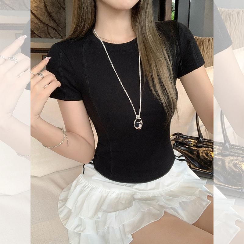 Korean White Basic Round Neck Design Short-sleeved T-shirt Women's Summer New Bright Line Chic Top