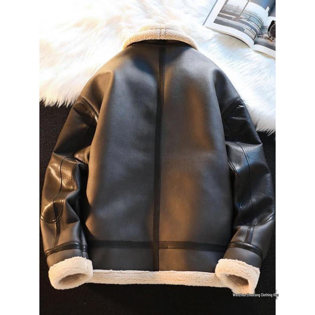 Unisex Retro Lambswool Motorcycle Jacket - Thickened Velvet Leather for Autumn & Winter