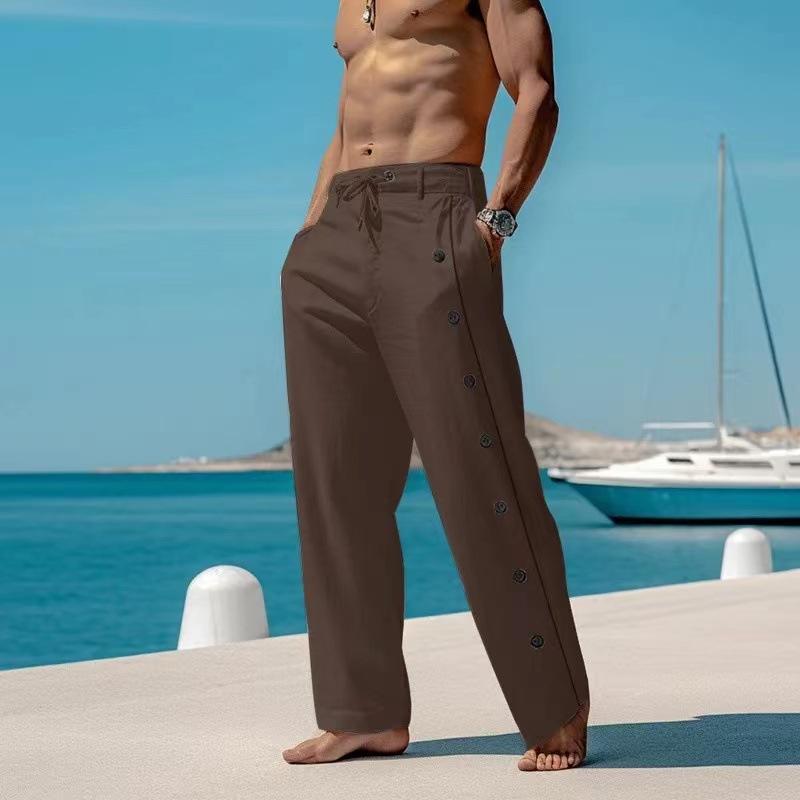 

Men Elegant Triple Buttons Cotton Linen Pants Solid White Full-Length Trouser Plus Size Mens Casual Drawstring Sweatpants 3XL кавовий