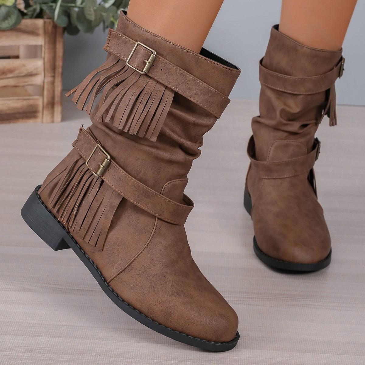 Women s Boots Autumn and Winter European and American Retro Round Toe Low Heel Cigarette Boots 36