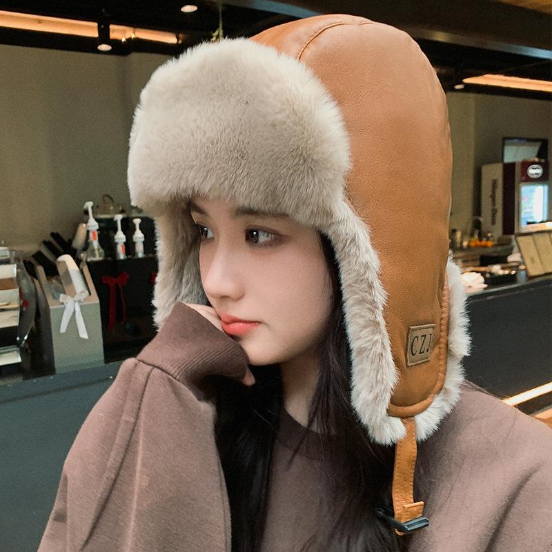 Adult Leather Waterproof and Warm Lei Feng Hat Men's Outdoor Motorcycle Ski Plus Velvet Flying Hat Women's Ear Protection Hat