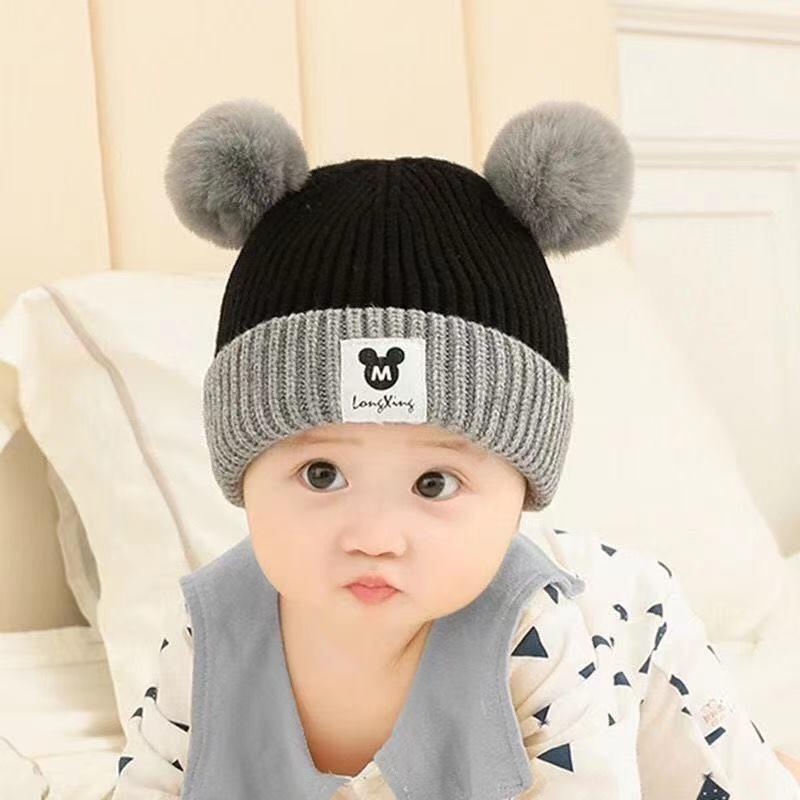 Baby autumn and winter cute cartoon warm hairball wool hat boys and girls baby ear protection hat children pullover knitted hat