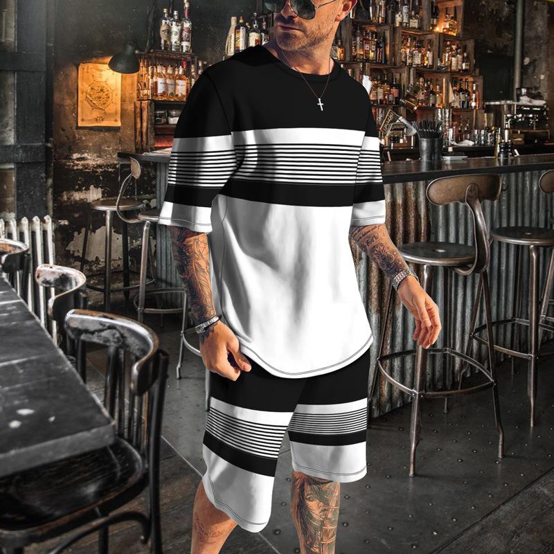 Vintage Casual Clothes Outfits For Men Print Striped Loose T Shirt Suit Oversized  O Neck Summer Tracksuit Streetwear Men's Set