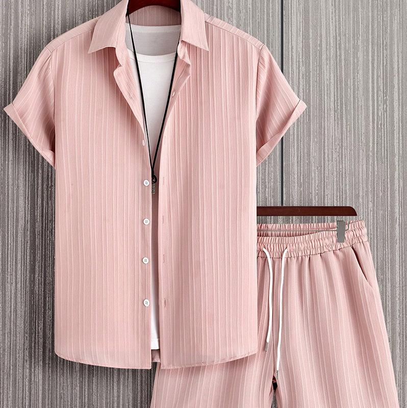 

Мужская рубашка в полоску с короткими рукавами и пряжкой, с узором «кросс-бордер», мужская мода XXL розовый