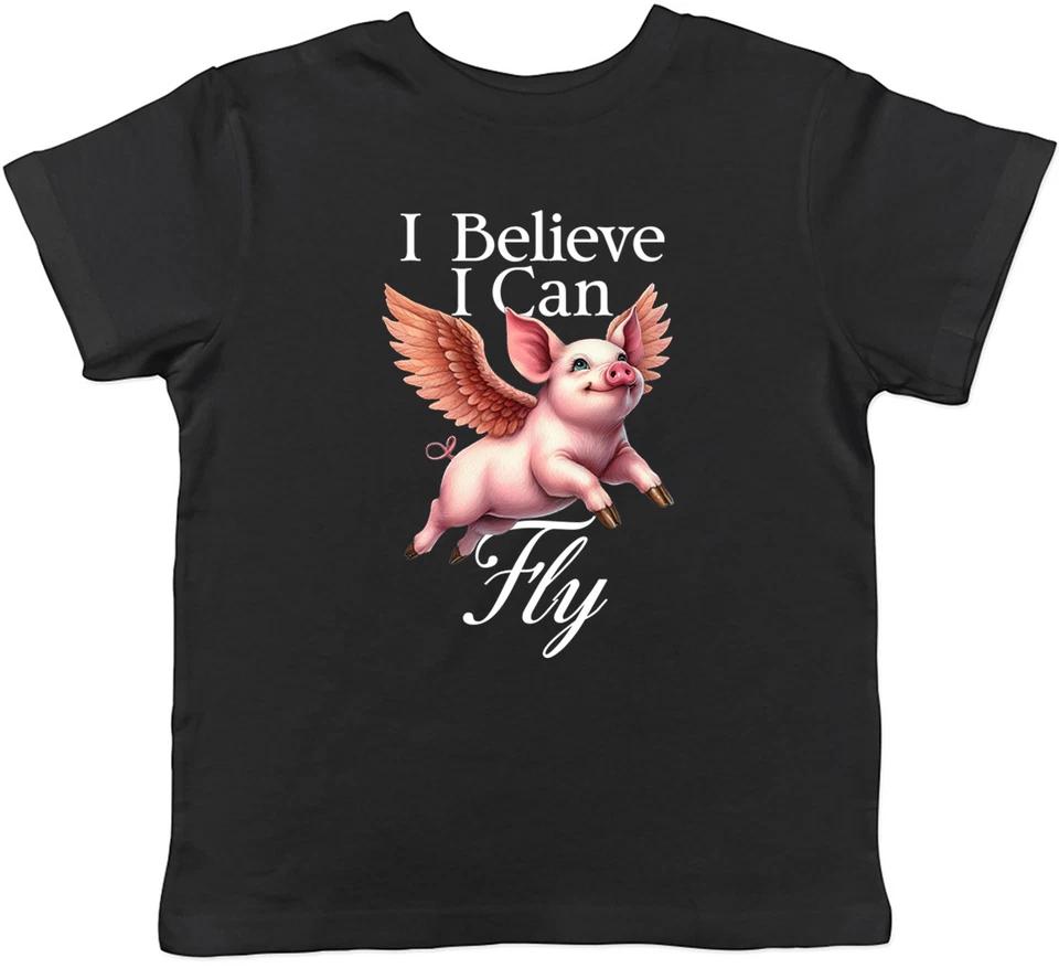 I Believe I Can Fly Angel Wings Flying Pig Kids T-Shirt Boys Girls Gift 100