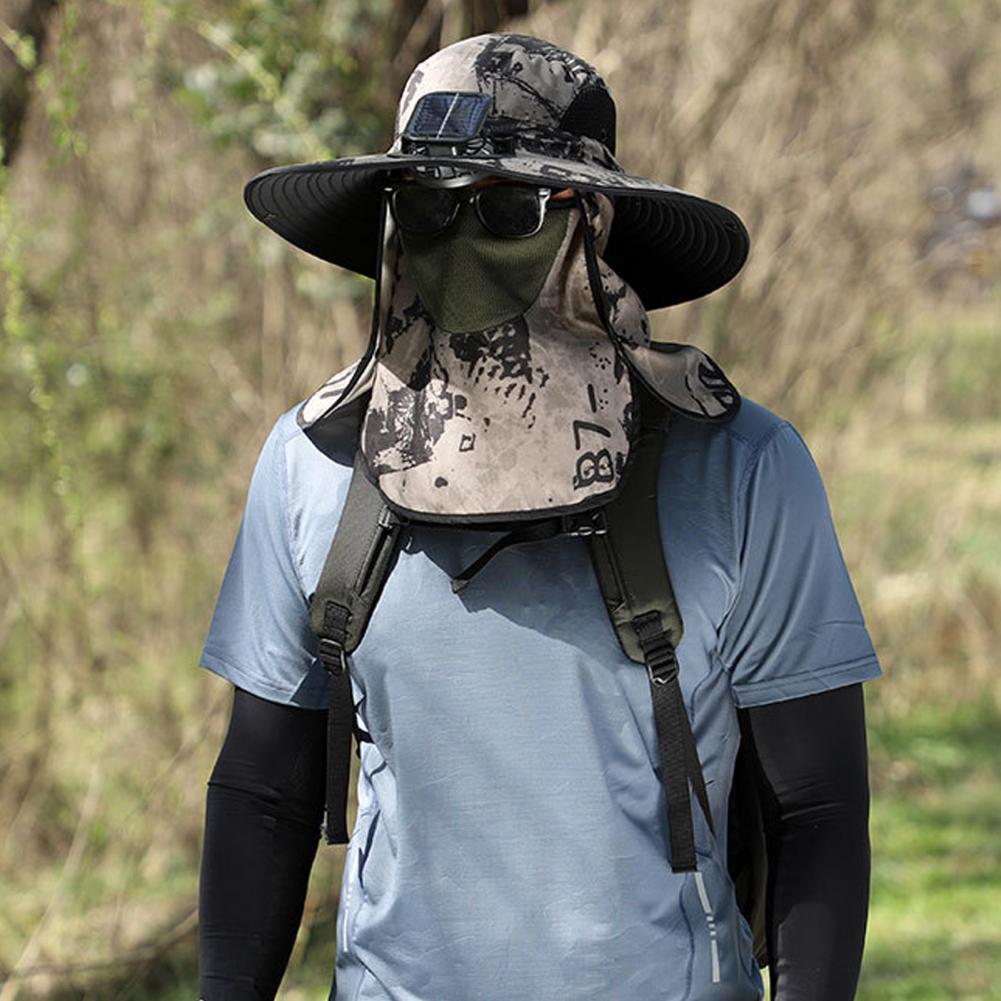 Pánský rybářský klobouk se solárním ventilátorem a odnímatelným předním krytem, ​​velký okraj, dutá síťovina, nabíjení přes USB, ochrana proti UV záření, ochrana proti slunečnímu záření