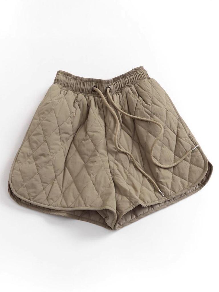 Solid Color Quilted Padded Wide Leg Shorts with Drawstring Waist - Slim Fit, High Waist, Autumn Winter Women's Outerwear Pants