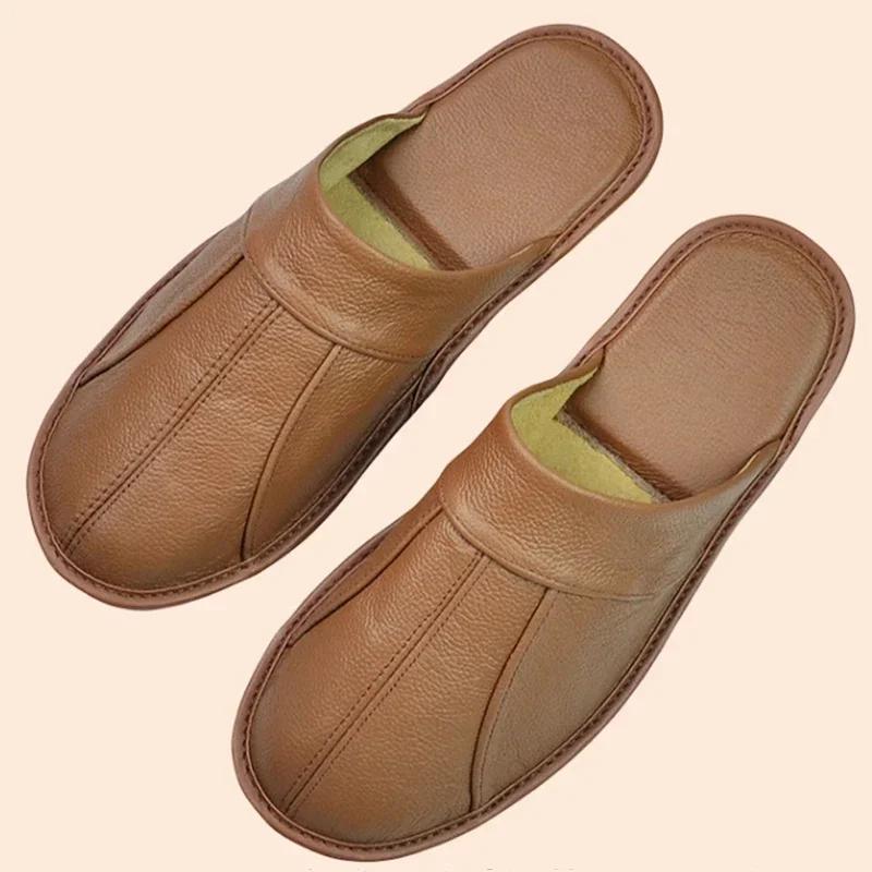 Genuine Cow Leather Slippers Homes in Indoor Slipper Spring Autumn Summer Men Women Elderly Non-slip Casual Single Slides Shoes