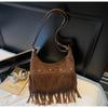 Retro Frosted Suede Tassel One Shoulder Bag Women Autumn Winter Vintage Rivet Zipper Large Capacity All-Match Crossbody Bags