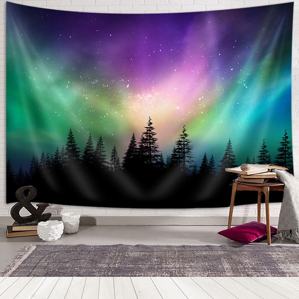 Aurora Borealis Tapestry, Purple Green Northern Lights Aurora Borealis Misty Forest Tapestry Northern Lights Tapestry, Northern
