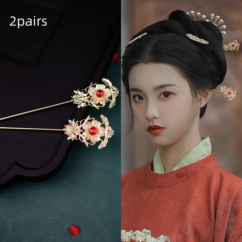 

2 пары Древняя китайская заколка для волос Жемчуг Классическая заколка для волос династии Тан Кисточка Элегантный цветок Гребень для волос