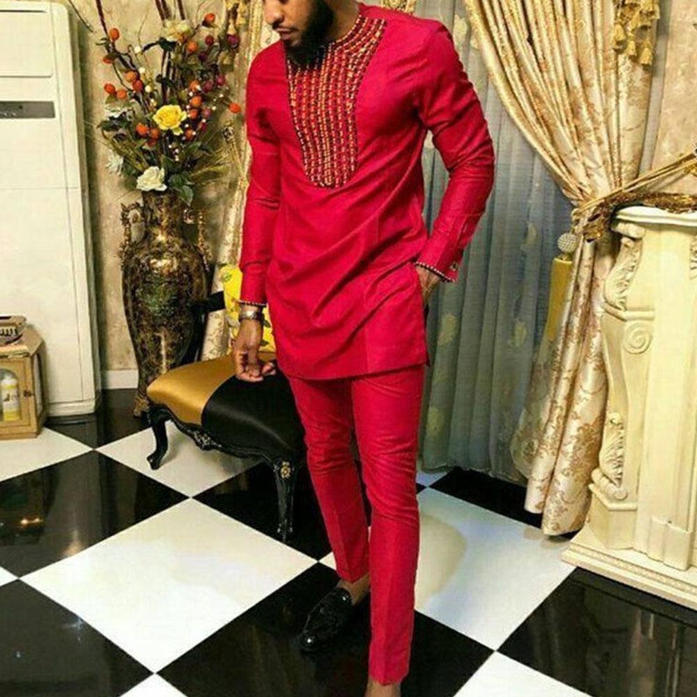 Men s Autumn 2025 Striped Embroidered Casual Two-Piece Set in African Ethnic Style 3XL красный