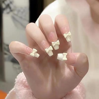 24Pcs Nude French Press On Nails With Bow Design Long Ballet Tips Detachable DIY Wearable False Nails
