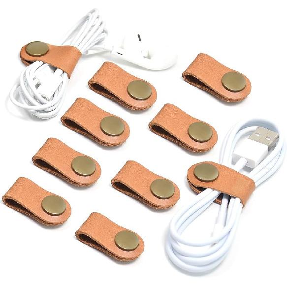 CAILLU Stocking Stuffers for men 10 Pack Cord Organizer,Cord Holder,Cable Clips Leather,Cable Organizer USB Holder,Wire Organizer,Cord Keeper,Ties Light Brown Cord Organize