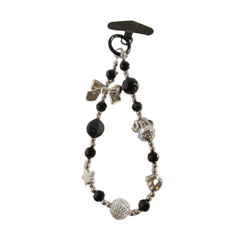 

Trendy Exquisite Bow Beaded Phone Strap Ins Style Black Beads Phone Chain Keyring Bracelet Cellphone Lanyard Camera Pendant