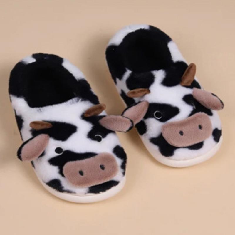 Fashion Lovely Cartoon Cow Fur Slippers for Women Mix Color Faux Fur Plush Slippers Woman Slip On Warm House Cotton Shoes Female