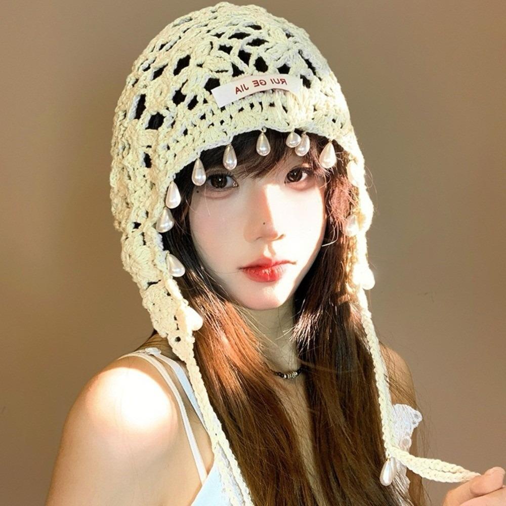 Pearls Crochet Tassels Cap Handmade Weave Basin Hats Cute Knitted Beanies Caps Outdoor